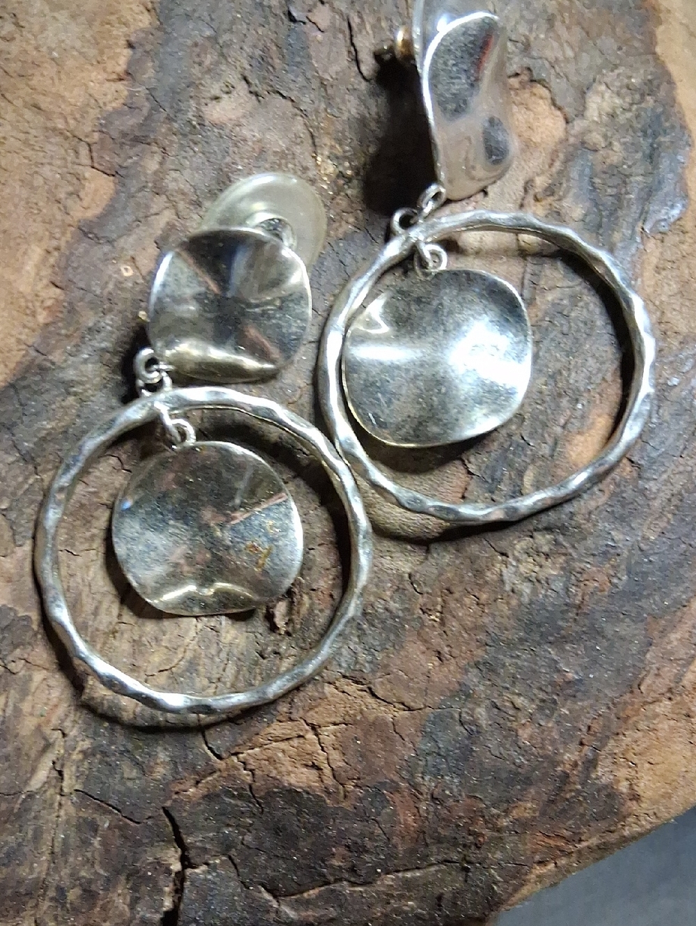 Vintage Silver Hammered Hoop Drop Earrings - Silver